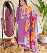 Lavender sequence embroidery viscos silk kurta set with printed crepe dupatta for women