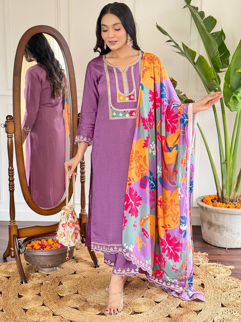 Lavender sequence embroidery viscos silk kurta set with printed crepe dupatta for women