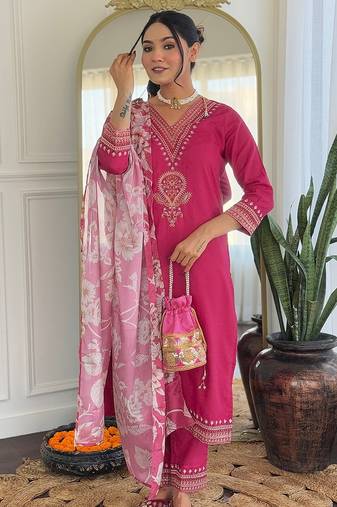 Rani pink floral sequence embroidery viscos rayon kurta set with printed chinon dupatta for women