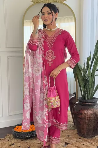 Rani pink floral sequence embroidery viscos rayon kurta set with printed chinon dupatta for women