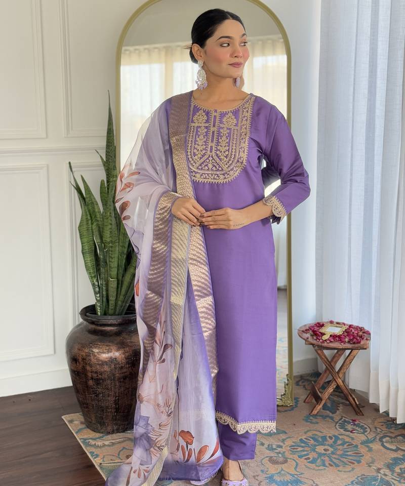 Lavender sequence embroidery viscos rayon kurta set with floral jacquard for women