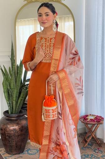 Orange sequence embroidery viscos rayon kurta set with floral jacquard for women