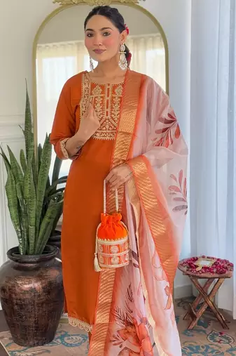 Orange sequence embroidery viscos rayon kurta set with floral jacquard for women
