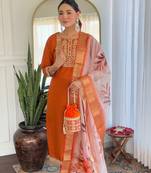 Orange sequence embroidery viscos rayon kurta set with floral jacquard for women