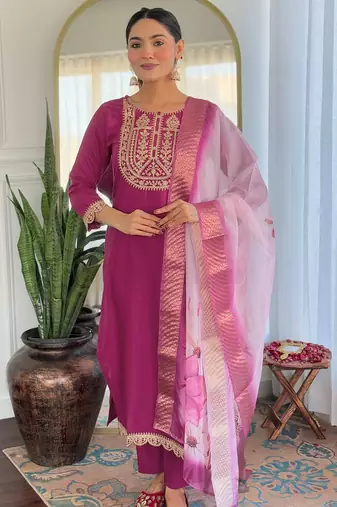 Wine sequence embroidery viscos rayon kurta set with floral jacquard for women