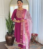 Wine sequence embroidery viscos rayon kurta set with floral jacquard for women