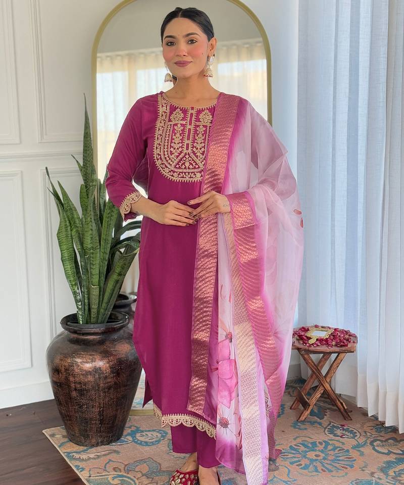 Wine sequence embroidery viscos rayon kurta set with floral jacquard for women