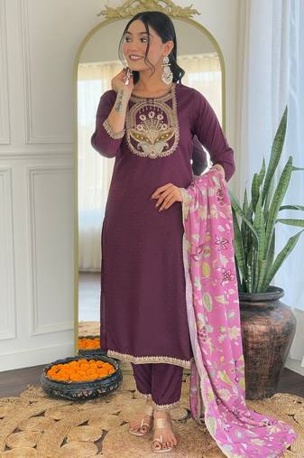 Wine floral sequence embroidery viscos rayon kurta set with printed crepe dupatta