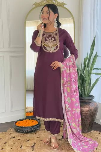 Wine floral sequence embroidery viscos rayon kurta set with printed crepe dupatta