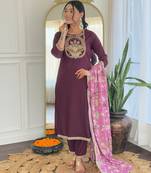 Wine floral sequence embroidery viscos rayon kurta set with printed crepe dupatta