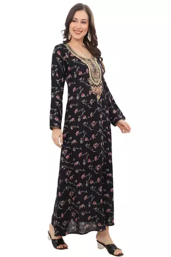Floral printed A-line Jalabiya with Golden and multicolor threadwork 
