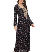 Floral printed A-line Jalabiya with Golden and multicolor threadwork 