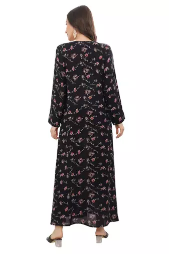 Floral printed A-line Jalabiya with Golden and multicolor threadwork 