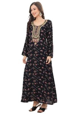 Floral printed A-line Jalabiya with Golden and multicolor threadwork  3