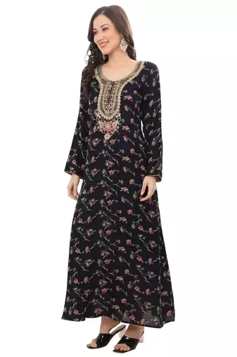 Floral printed A-line Jalabiya with Golden and multicolor threadwork 