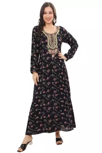 Floral printed A-line Jalabiya with Golden and multicolor threadwork 