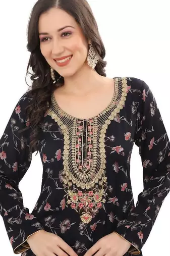 Floral printed A-line Jalabiya with Golden and multicolor threadwork 