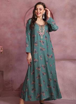 Elegant Teal A-Line Dress with Colorful Floral Print & Embroidery | Modest Daily & Casual Wear 1