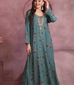 Elegant Teal A-Line Dress with Colorful Floral Print & Embroidery | Modest Daily & Casual Wear