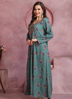 Elegant Teal A-Line Dress with Colorful Floral Print & Embroidery | Modest Daily & Casual Wear 2