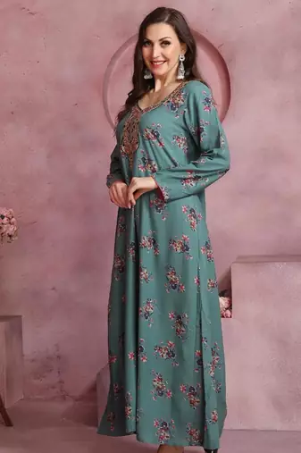 Elegant Teal A-Line Dress with Colorful Floral Print & Embroidery | Modest Daily & Casual Wear