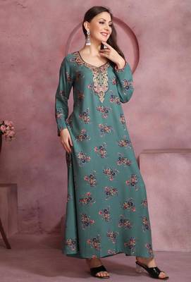 Elegant Teal A-Line Dress with Colorful Floral Print & Embroidery | Modest Daily & Casual Wear 3