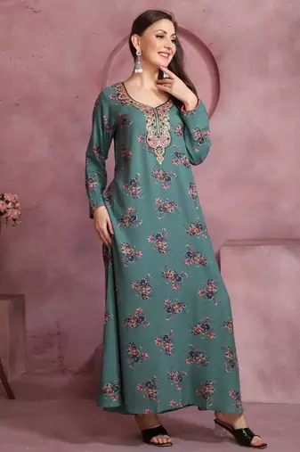 Elegant Teal A-Line Dress with Colorful Floral Print & Embroidery | Modest Daily & Casual Wear