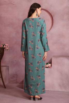 Elegant Teal A-Line Dress with Colorful Floral Print & Embroidery | Modest Daily & Casual Wear 4