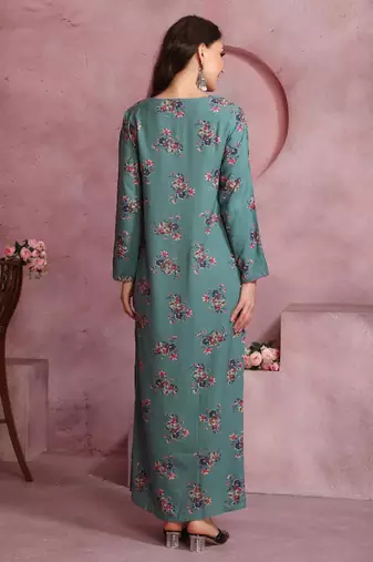 Elegant Teal A-Line Dress with Colorful Floral Print & Embroidery | Modest Daily & Casual Wear