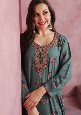 Elegant Teal A-Line Dress with Colorful Floral Print & Embroidery | Modest Daily & Casual Wear 5