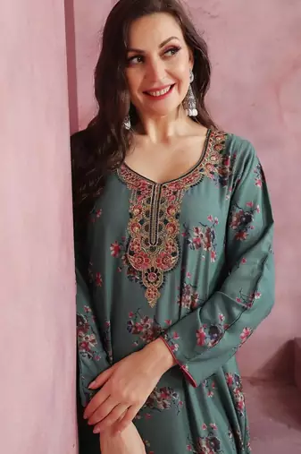 Elegant Teal A-Line Dress with Colorful Floral Print & Embroidery | Modest Daily & Casual Wear