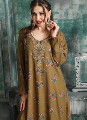 Elegant Taupe A-Line Dress with Colorful Floral Embroidery | Modest Daily & Casual Wear 1