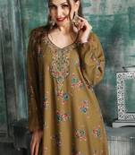 Elegant Taupe A-Line Dress with Colorful Floral Embroidery | Modest Daily & Casual Wear