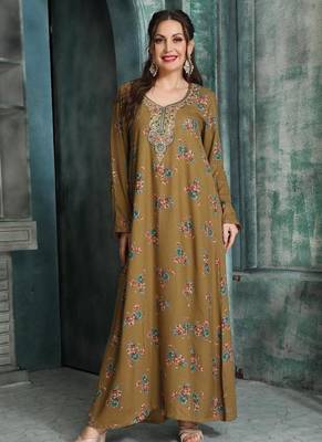 Elegant Taupe A-Line Dress with Colorful Floral Embroidery | Modest Daily & Casual Wear 2