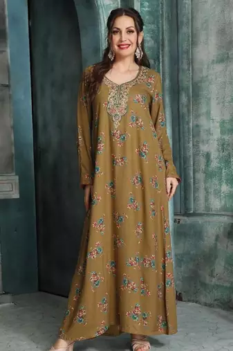 Elegant Taupe A-Line Dress with Colorful Floral Embroidery | Modest Daily & Casual Wear