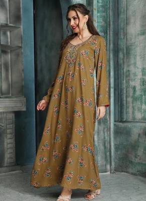 Elegant Taupe A-Line Dress with Colorful Floral Embroidery | Modest Daily & Casual Wear 3