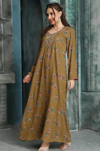Elegant Taupe A-Line Dress with Colorful Floral Embroidery | Modest Daily & Casual Wear