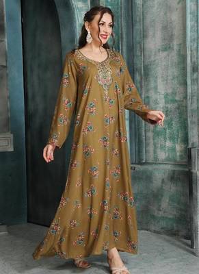 Elegant Taupe A-Line Dress with Colorful Floral Embroidery | Modest Daily & Casual Wear 4