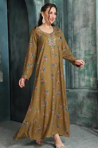 Elegant Taupe A-Line Dress with Colorful Floral Embroidery | Modest Daily & Casual Wear