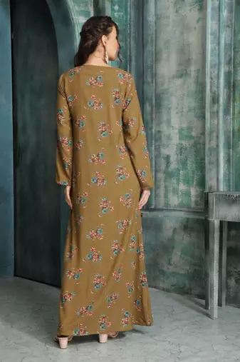 Elegant Taupe A-Line Dress with Colorful Floral Embroidery | Modest Daily & Casual Wear