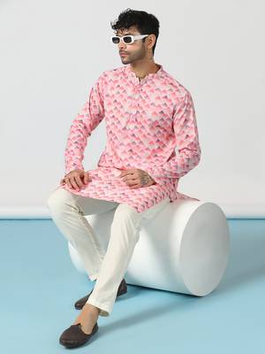 Pink cotton blend kurta pajama set for men with geometric print 1