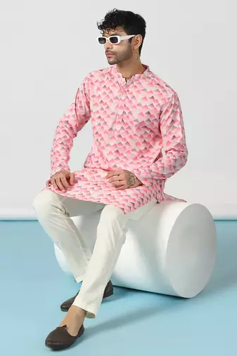 Pink cotton blend kurta pajama set for men with geometric print