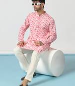 Pink cotton blend kurta pajama set for men with geometric print