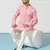 Pink cotton blend kurta pajama set for men with geometric print