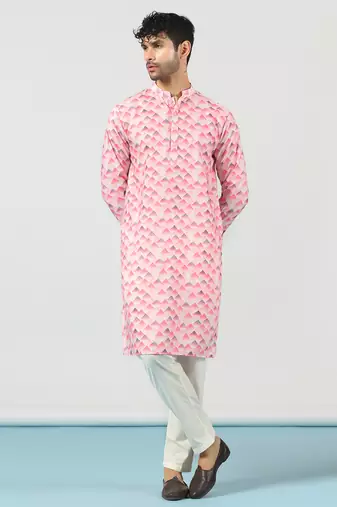 Pink cotton blend kurta pajama set for men with geometric print