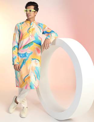 Multicolor cotton blend kurta pajama set for men with printed design 1