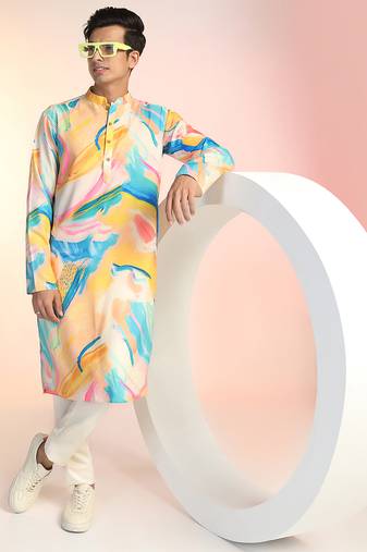 Multicolor cotton blend kurta pajama set for men with printed design