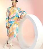 Multicolor cotton blend kurta pajama set for men with printed design