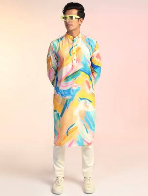 Multicolor cotton blend kurta pajama set for men with printed design 2