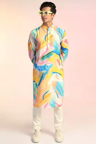 Multicolor cotton blend kurta pajama set for men with printed design